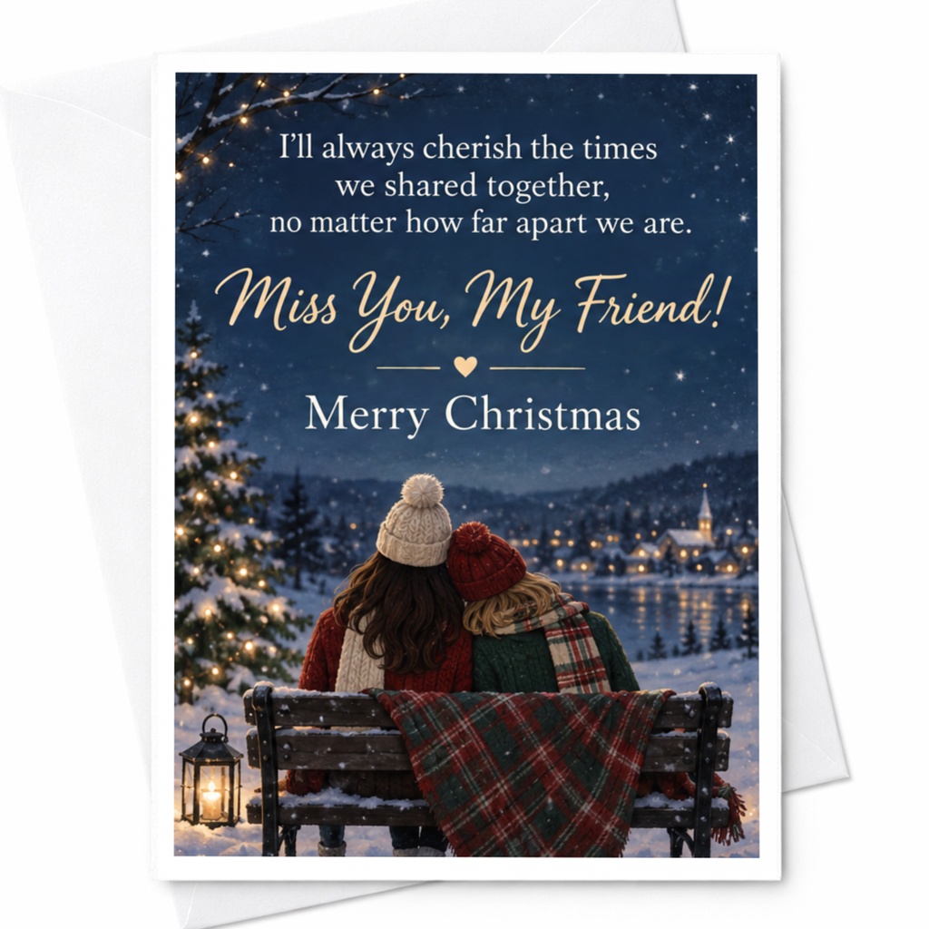 I'll Always Cherish The Times Miss You My Friend Merry Christmas Card For Friend Holiday Greeting Winter Scene C7959