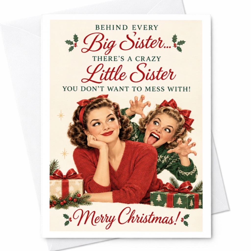 Behind Every Big Sister Crazy Little Sister Christmas Card Funny Holiday Greeting Card For Sisters Vintage Style Xmas Card C7964