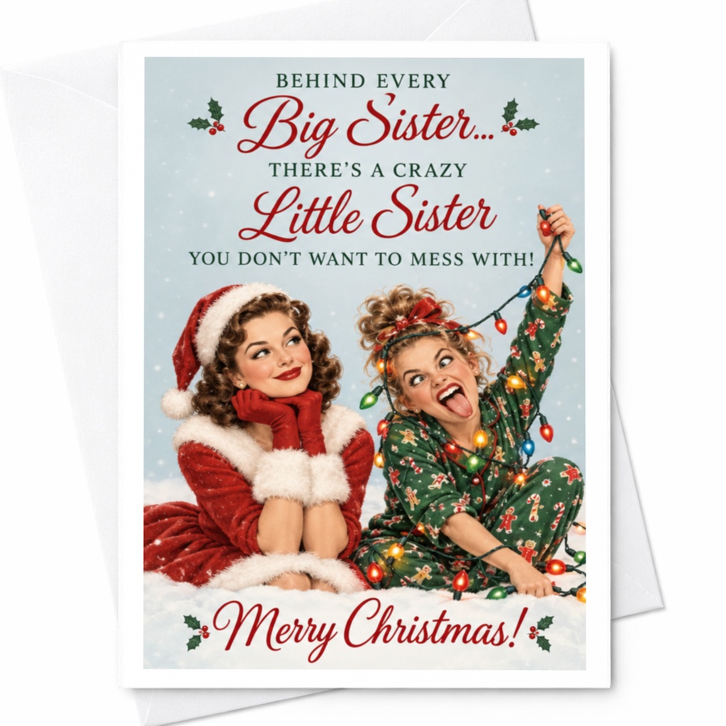 Behind Every Big Sister... There's A Crazy Little Sister You Don't Want To Mess With! Merry Christmas! Funny Christmas Card For Si C7965