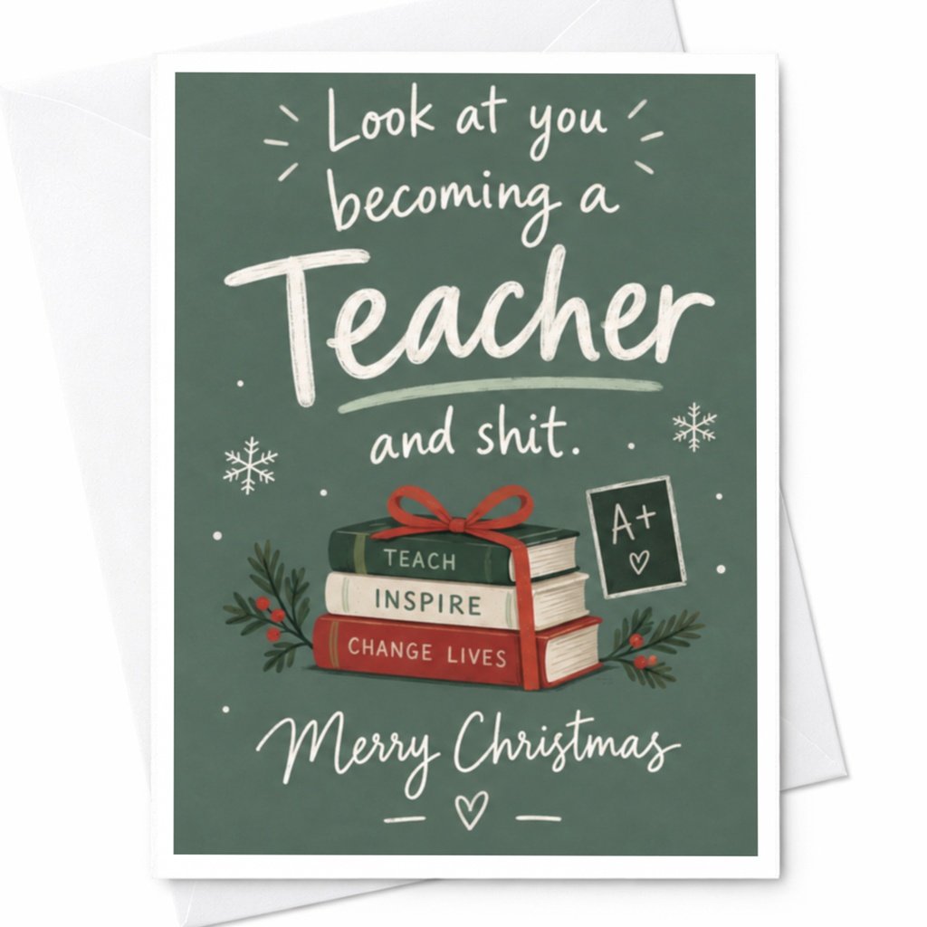 Look At You Becoming A Teacher And Shit. Merry Christmas Funny Christmas Card For Teacher Holiday Greeting Card Cute Xmas Card C7967