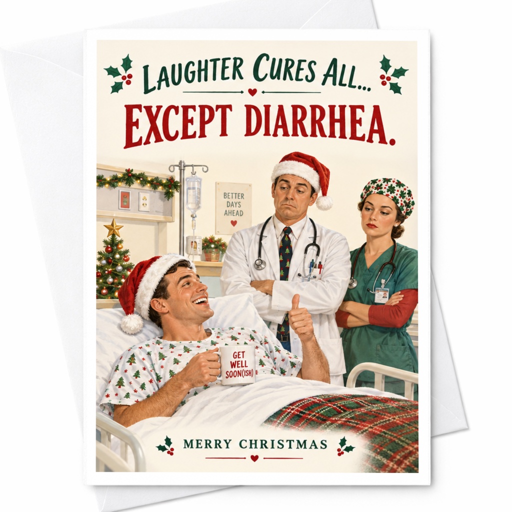 Laughter Cures All... Except Diarrhea Funny Christmas Card Holiday Greeting Card Get Well Soon Hospital Theme C7972