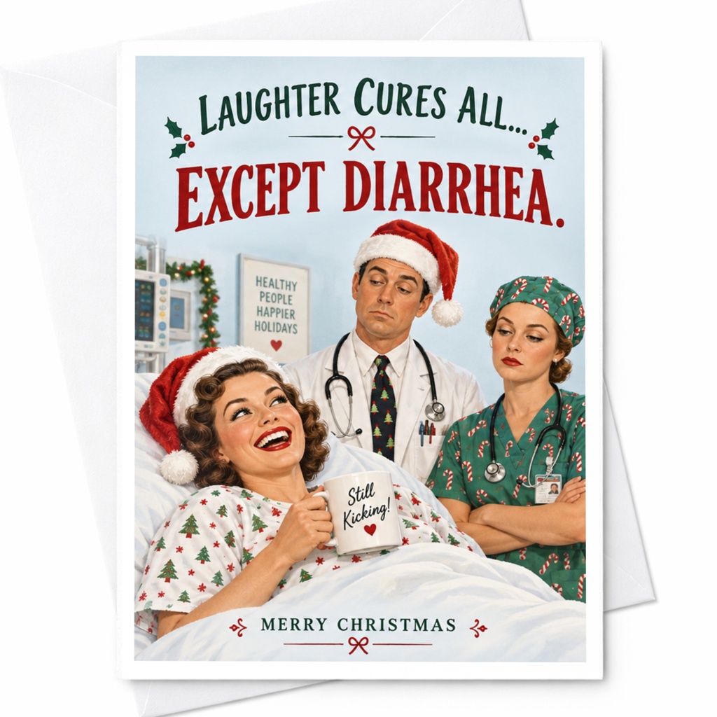 Laughter Cures All... Except Diarrhea. Merry Christmas Funny Christmas Card Holiday Greeting Card For Friends C7973