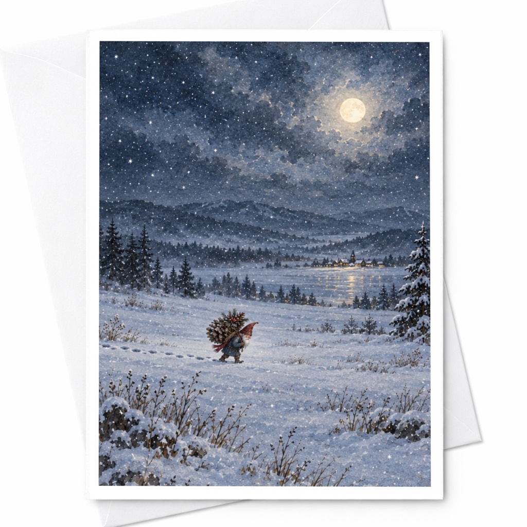 Winter Landscape Gnome Christmas Card Snowy Night Scene Holiday Greeting Card For Friends Family Festive Seasonal Art C7974