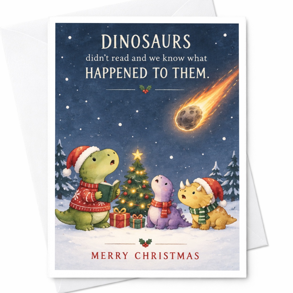 Dinosaurs Didn't Read And We Know What Happened To Them. Merry Christmas Funny Christmas Card Cute Dinosaur Holiday Card For Kids C7976
