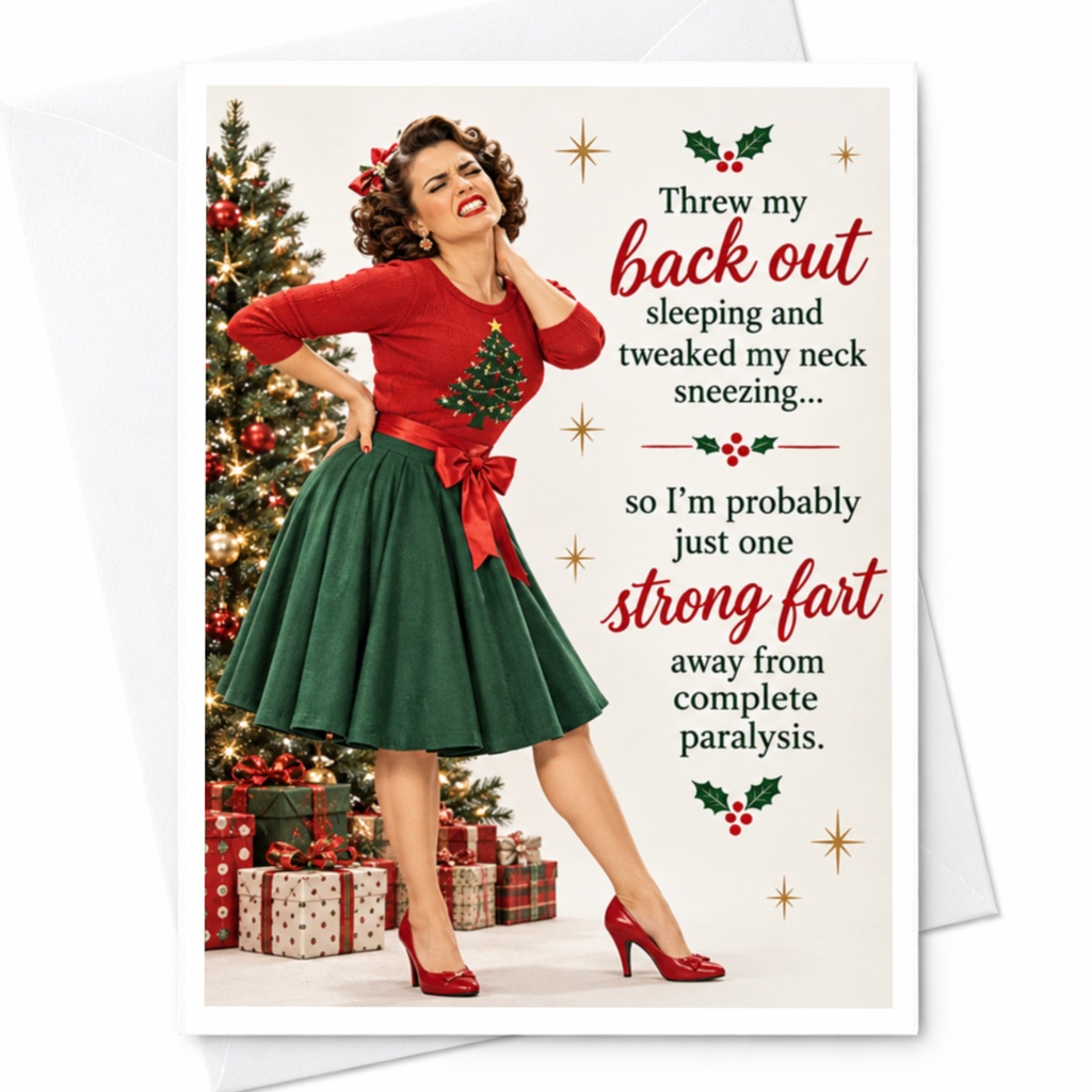 Threw My Back Out Funny Christmas Card Holiday Greeting Card For Her Festive Card With Retro Style C7979