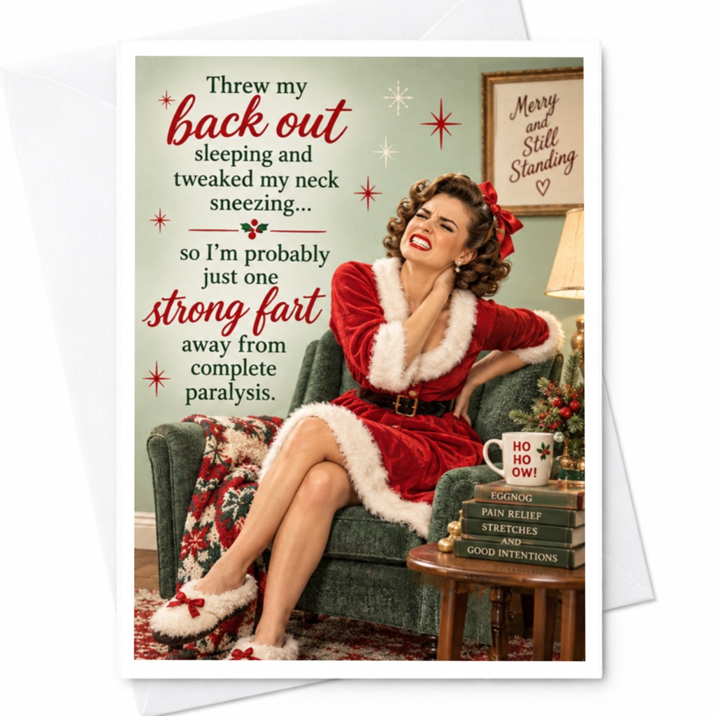 Threw My Back Out Funny Christmas Card Holiday Greeting Card For Her Festive Santa Outfit Cute Retro Style C7980