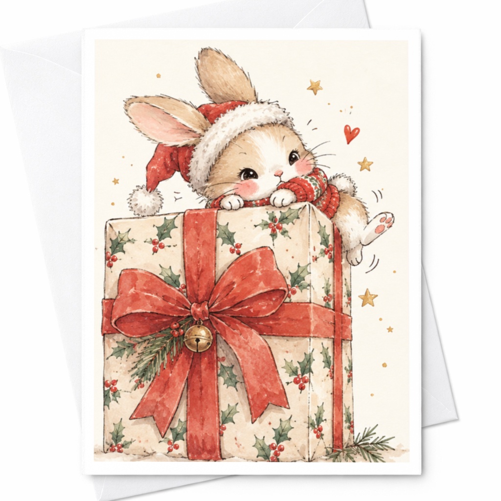 Cute Bunny Christmas Card Holiday Greeting Card Adorable Animal Card For Kids Festive Gift Illustration Winter Card C7981