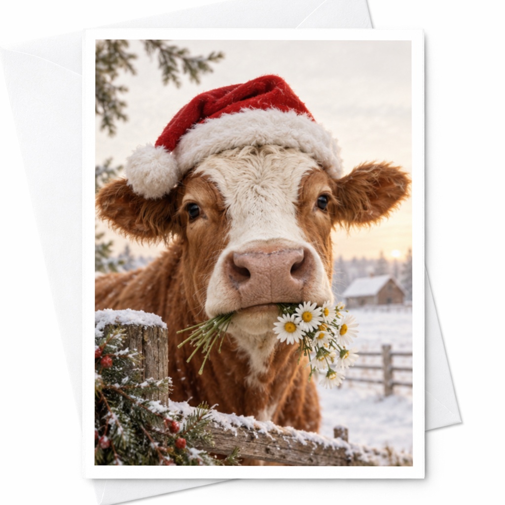 Cow With Santa Hat Christmas Card Cute Animal Holiday Greeting Card Winter Farm Scene For Animal Lover Festive Card C7983