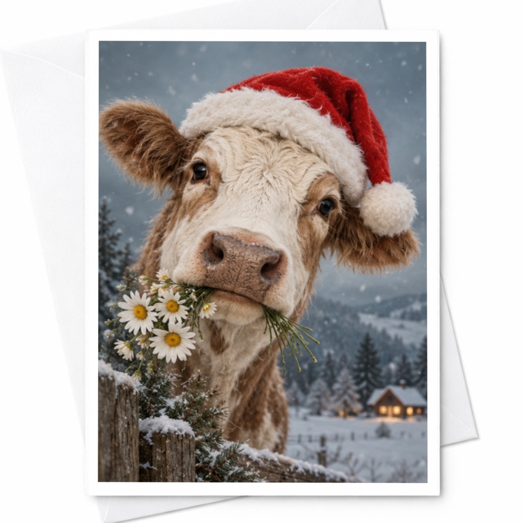 Cow With Santa Hat Christmas Greeting Card Cute Animal Holiday Card Winter Scene For Farm Animal Lover Festive Card C7984