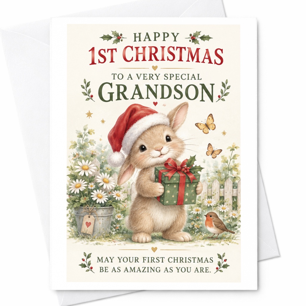 Happy 1st Christmas To A Very Special Grandson Cute Christmas Card Bunny With Gift Santa Hat For Grandson Holiday Card C7985