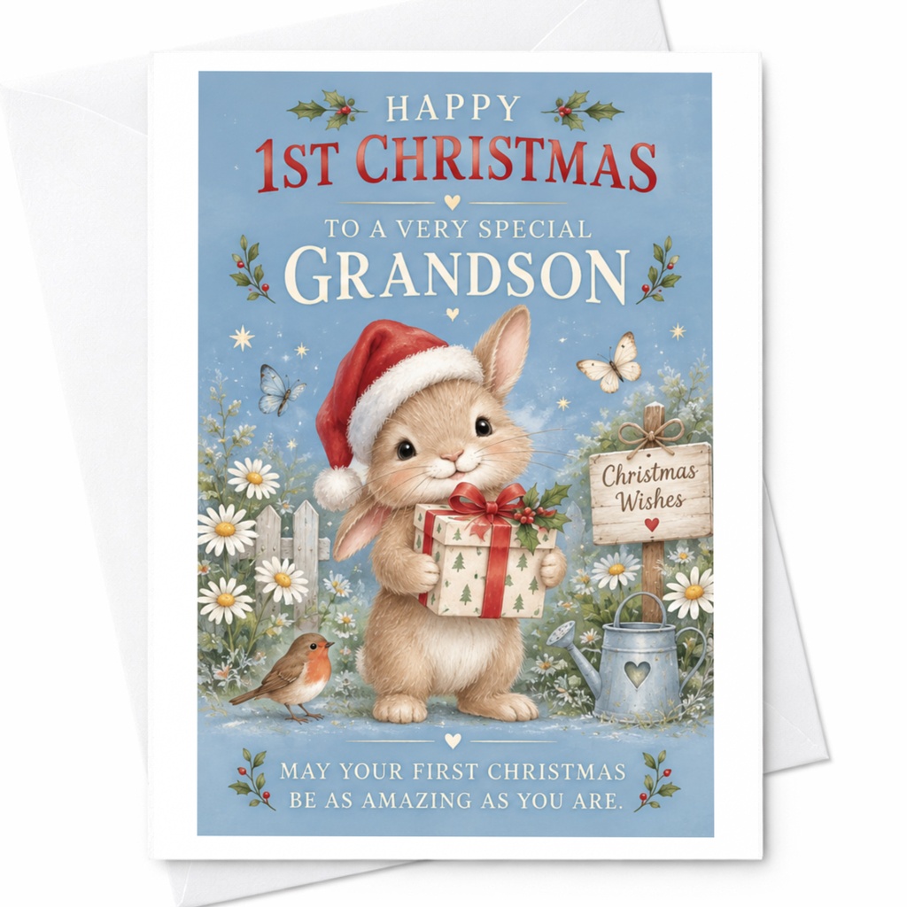 Happy 1st Christmas To A Very Special Grandson Cute Christmas Card Bunny With Gift Holiday Card For Grandson Festive Greeting C7986