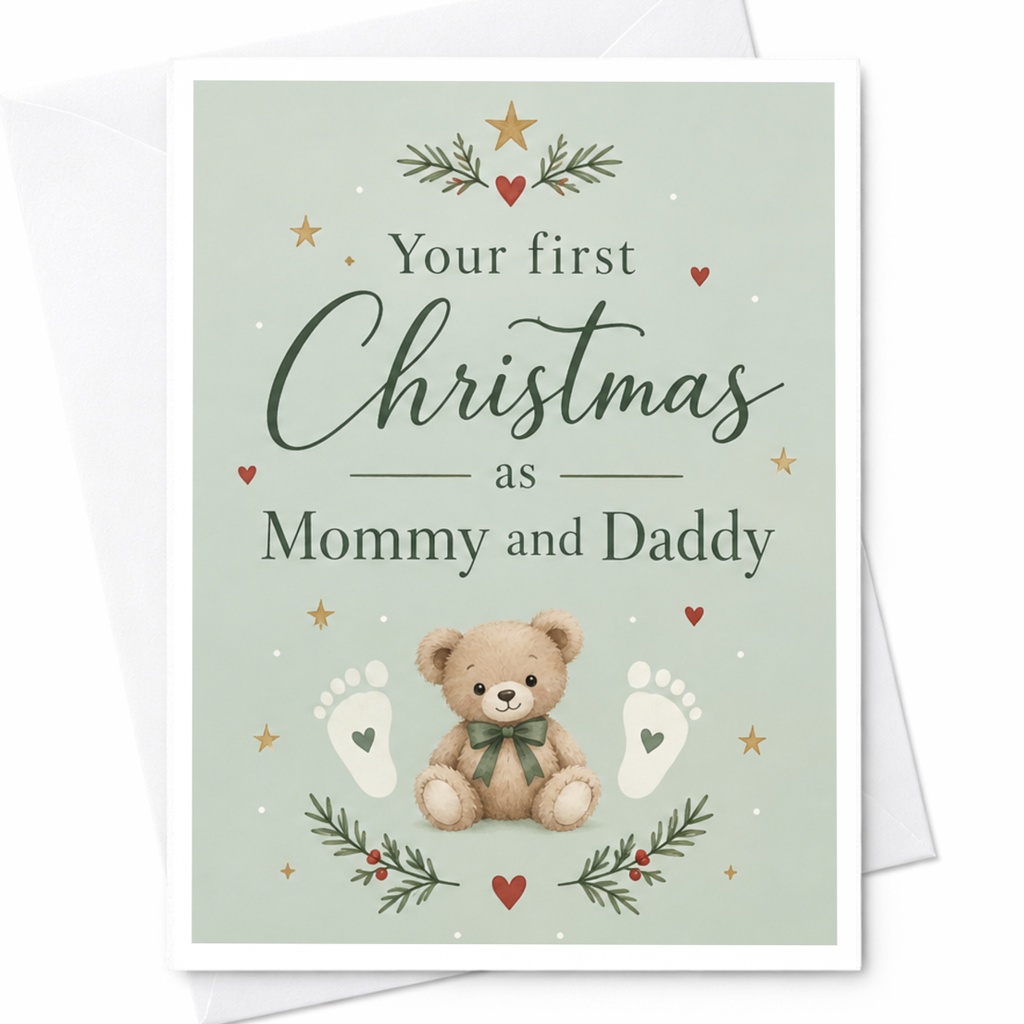 Your First Christmas As Mommy And Daddy Card Cute Holiday Greeting Card New Parents Christmas Card With Teddy Bear C7988