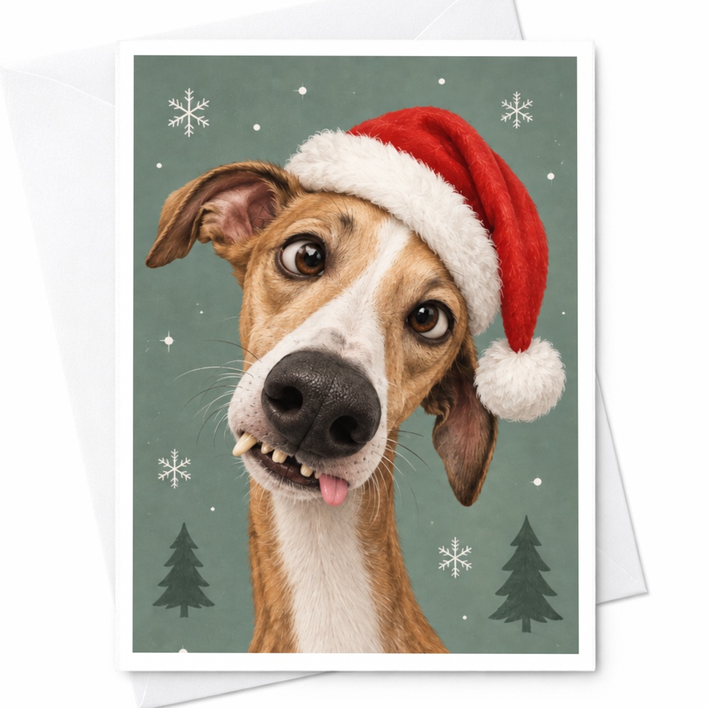 Dog With Santa Hat Christmas Card Cute Holiday Greeting Card For Dog Lover Funny Festive Card With Snowflakes And Trees C8002