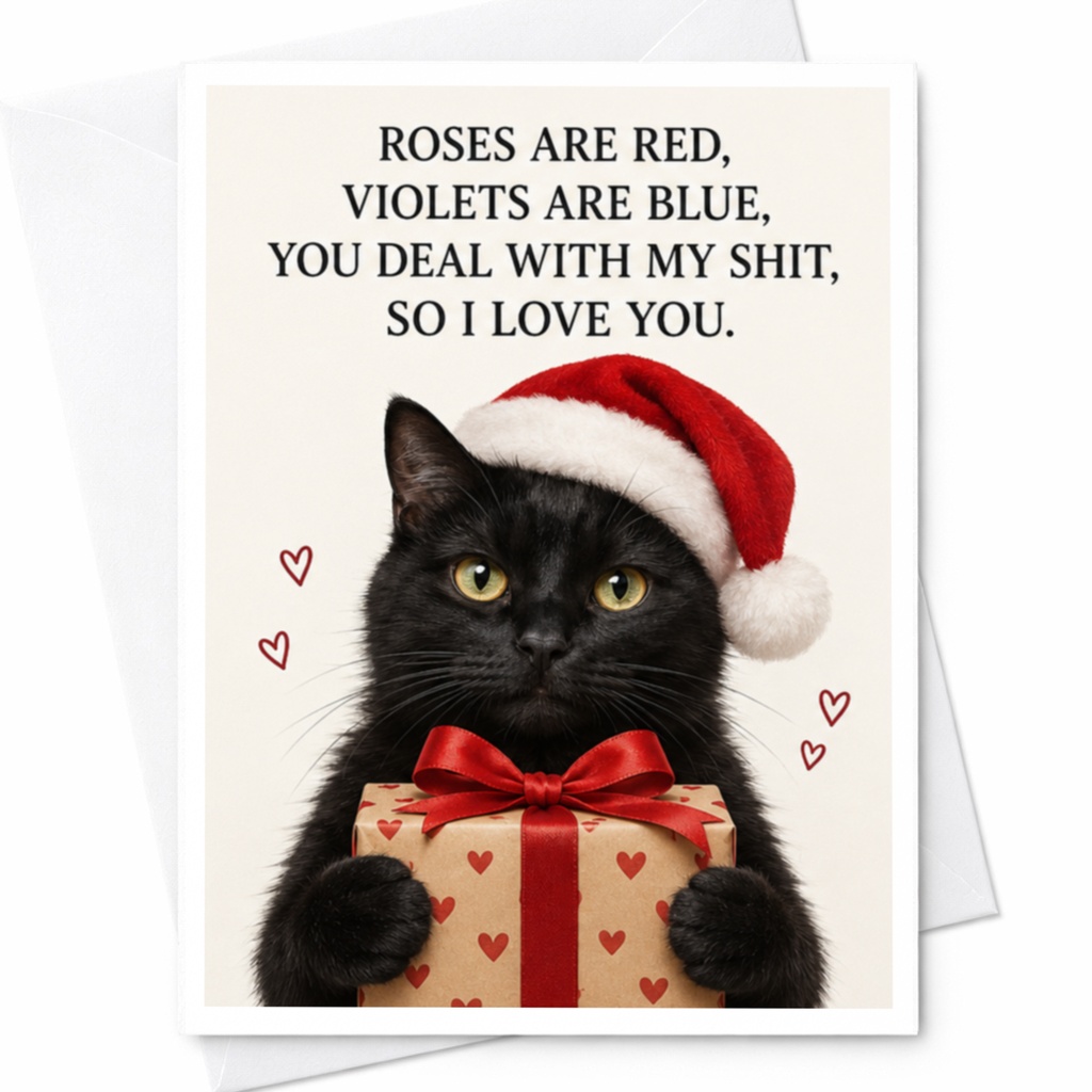 Roses Are Red, Violets Are Blue, You Deal With My Shit, So I Love You. Funny Christmas Card Cat Lover Holiday Greeting Card Cute C8003