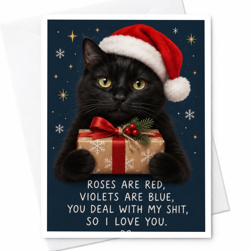 Roses Are Red, Violets Are Blue, You Deal With My Shit, So I Love You. Funny Christmas Card Cat Lover Holiday Greeting Card Cute A C8004