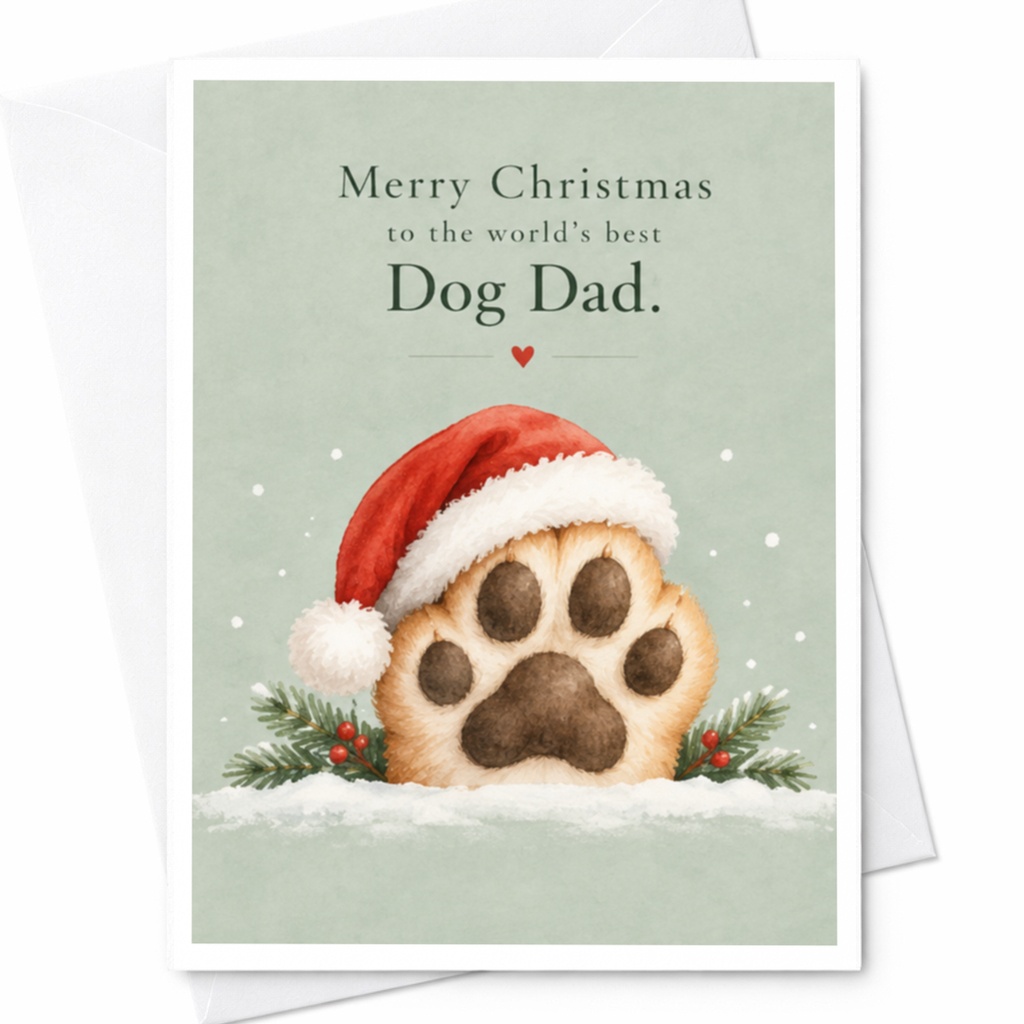 Merry Christmas To The World's Best Dog Dad Christmas Card Cute Paw Print Santa Hat For Dog Lover Holiday Greeting Card C8013