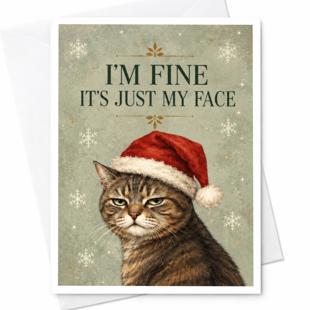 I'm Fine It's Just My Face Funny Christmas Card Cat With Santa Hat Holiday For Cat Lover Cute Animal Greeting Card C8014