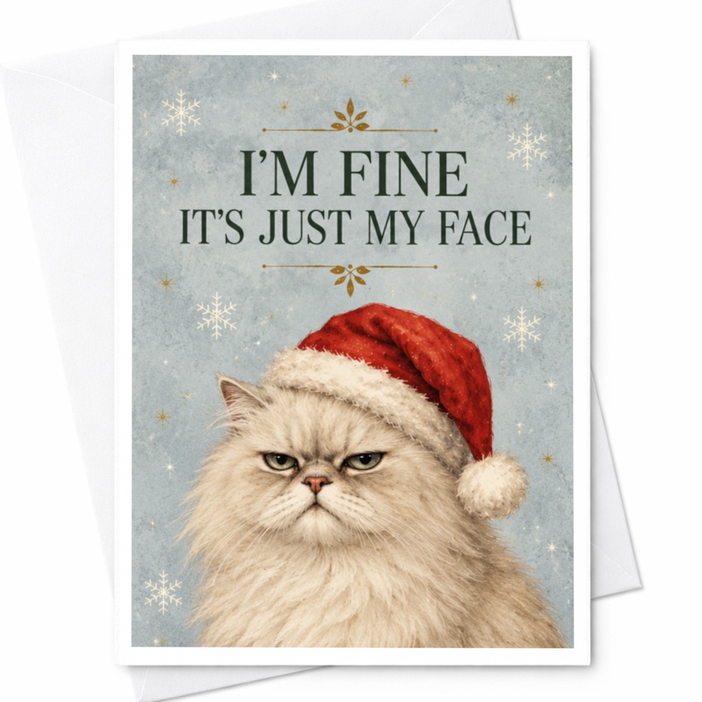 I'm Fine It's Just My Face Funny Christmas Card Grumpy Cat Holiday Greeting Card Cute Santa Hat Cat Lover C8015