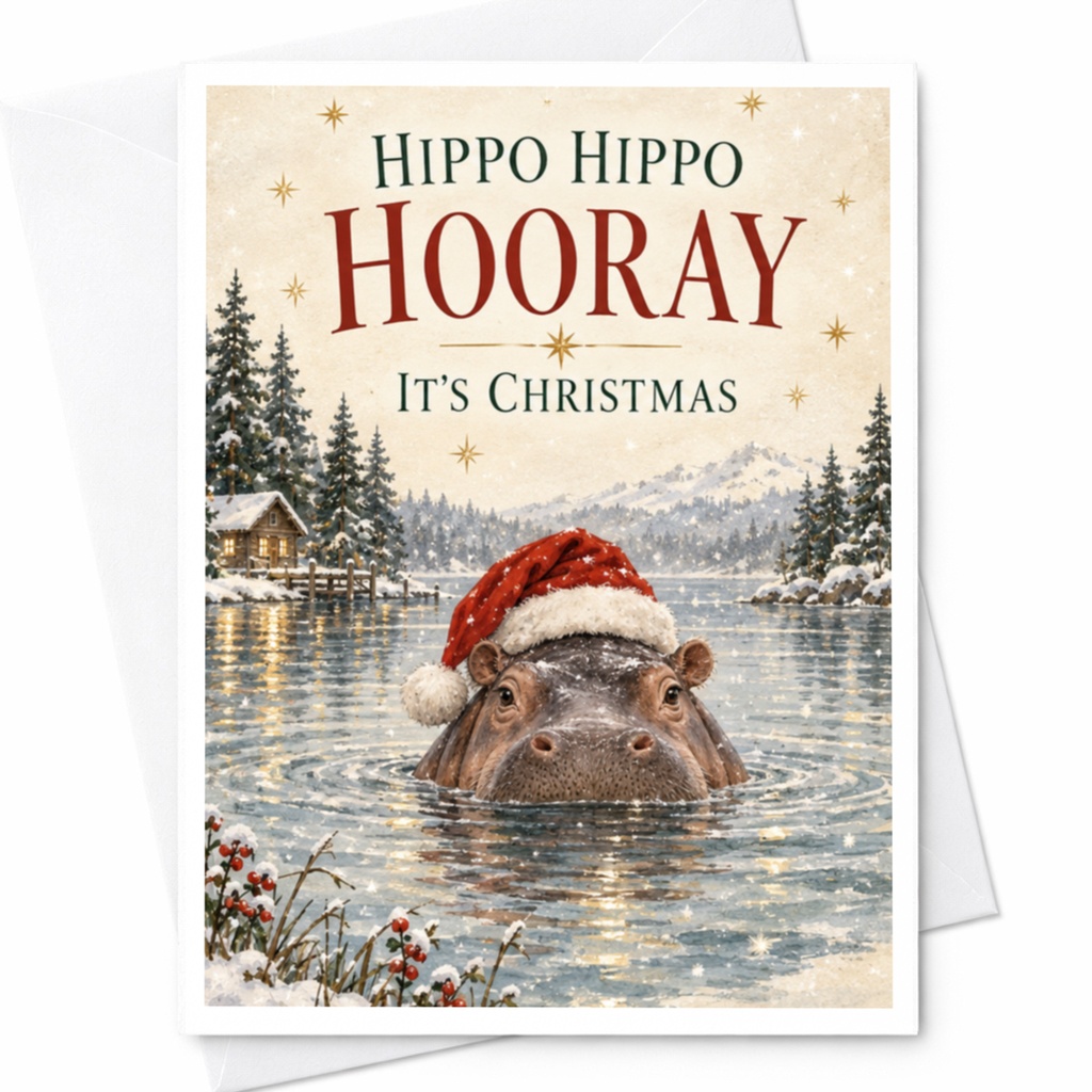 Hippo Hippo Hooray It's Christmas Funny Christmas Card Cute Hippo Santa Hat Holiday Greeting Card For Animal Lover C8016