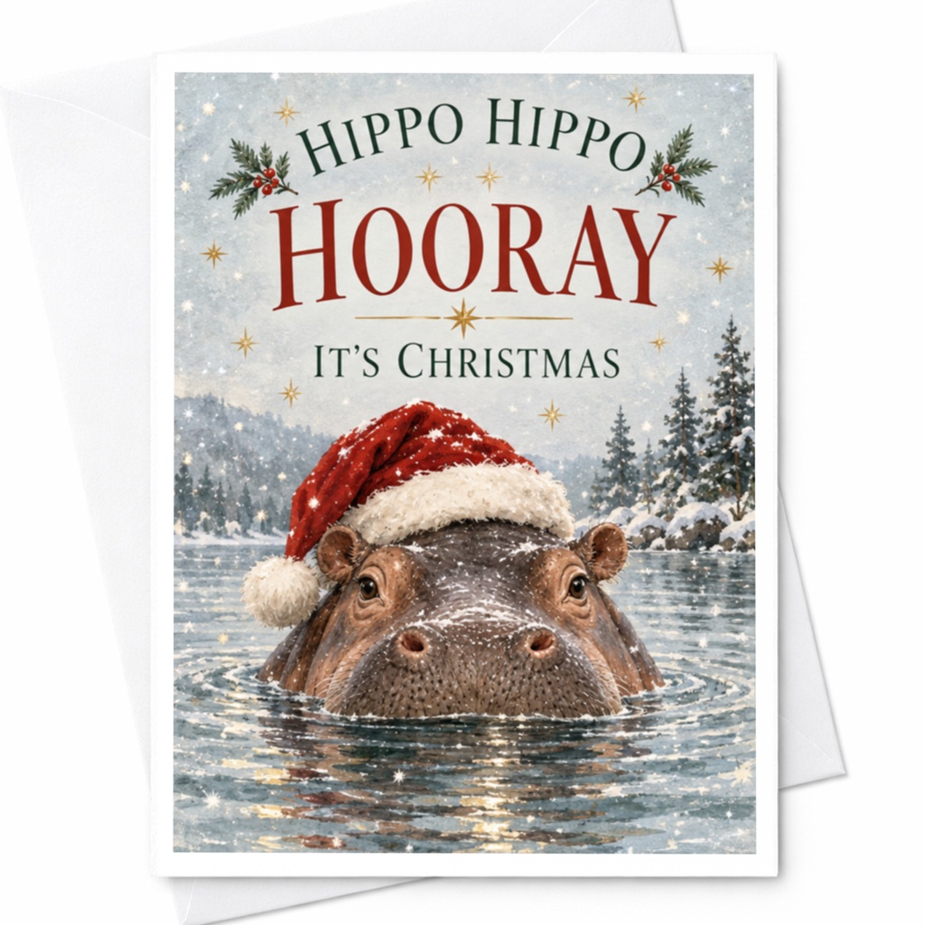 Hippo Hippo Hooray It's Christmas Funny Christmas Card Cute Hippo With Santa Hat Holiday Greeting Card For Animal Lover C8017