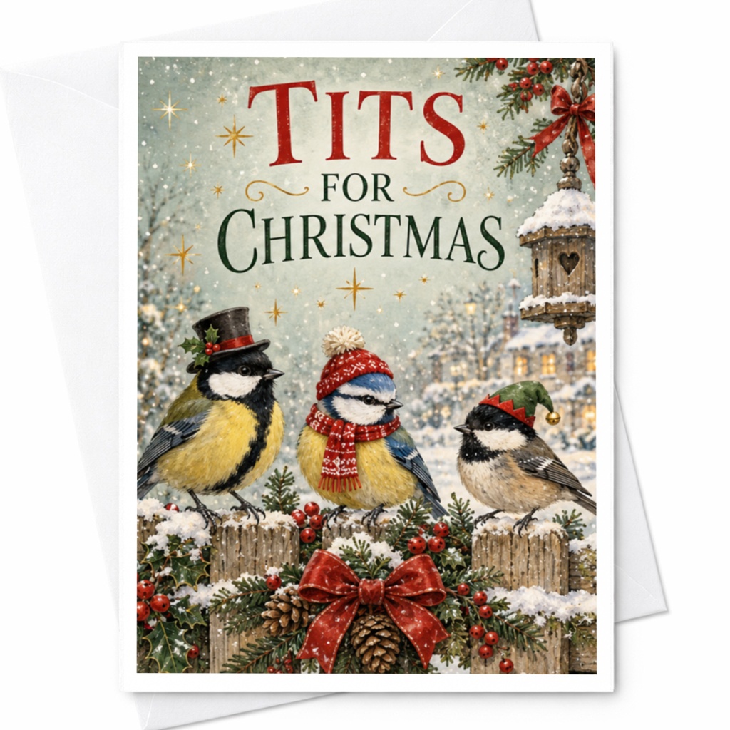 Tits For Christmas Funny Christmas Card Birds With Festive Hats Holiday Greeting Card For Bird Lover Cute Winter Scene C8023