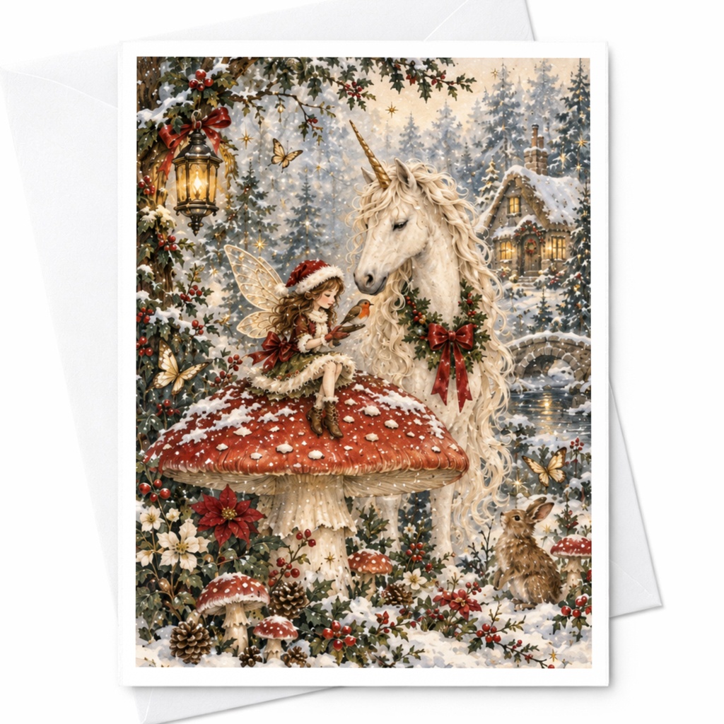 Fairy And Unicorn Christmas Card Magical Winter Wonderland Greeting Card Enchanted Holiday Card For Fantasy Lover C8026