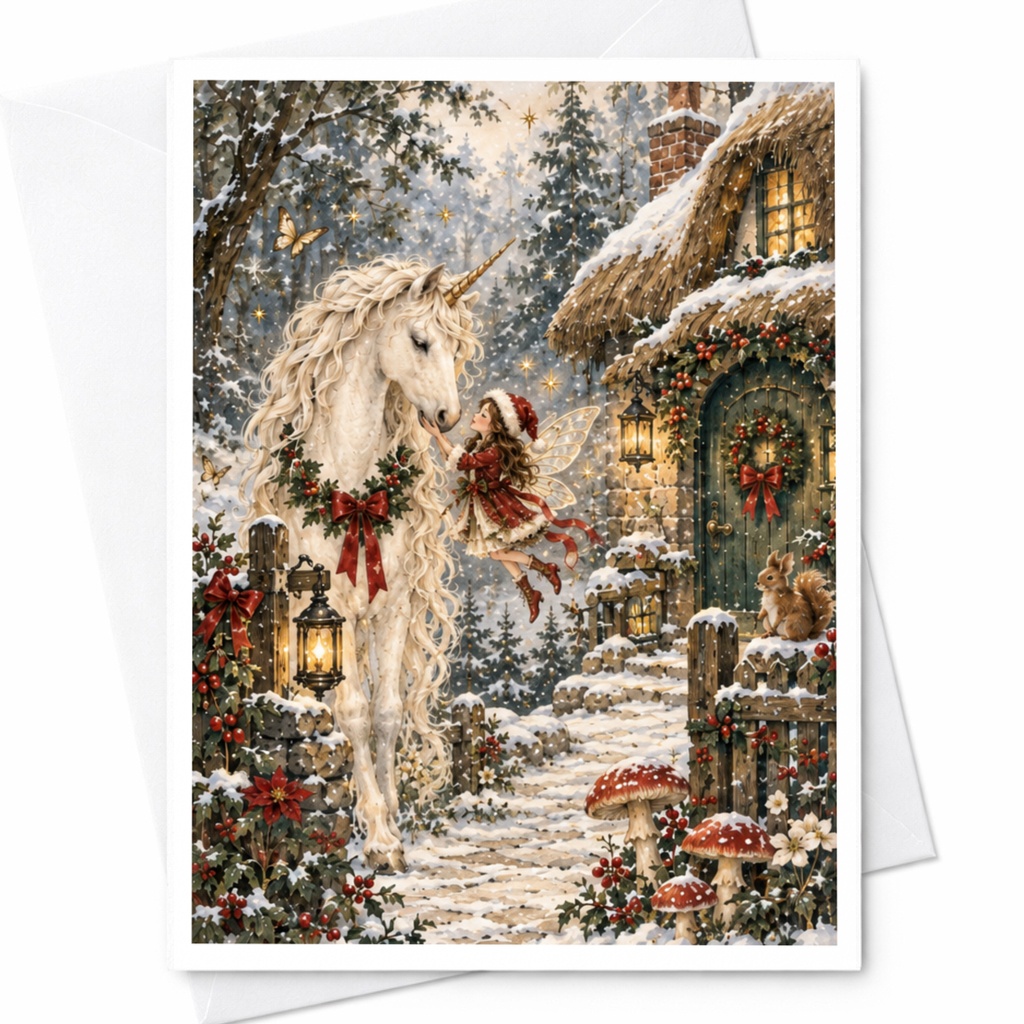 Unicorn Fairy Winter Scene Christmas Card Magical Holiday Greeting Card For Her Fantasy Art Enchanted Forest Card C8027