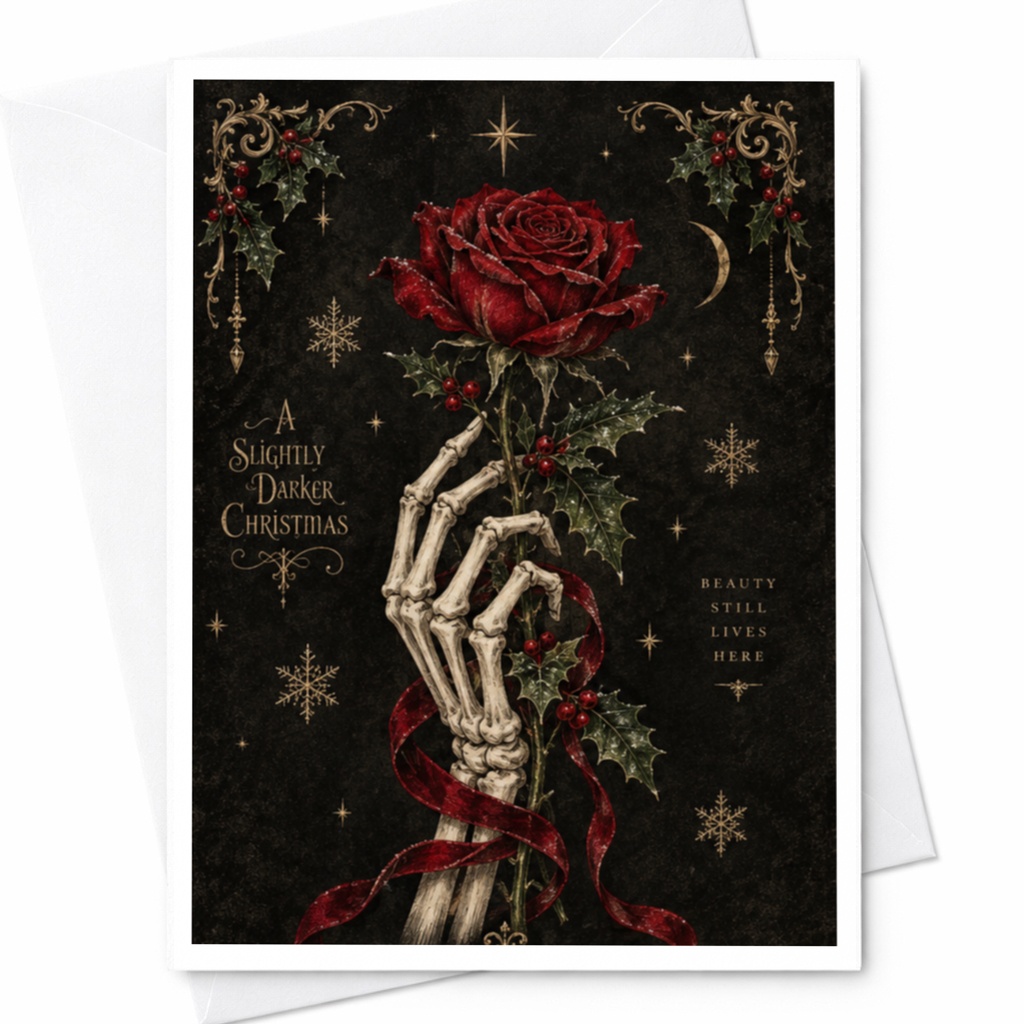 A Slightly Darker Christmas Gothic Christmas Card Skeleton Hand With Rose Unique Holiday Greeting Card Dark Aesthetic C8030