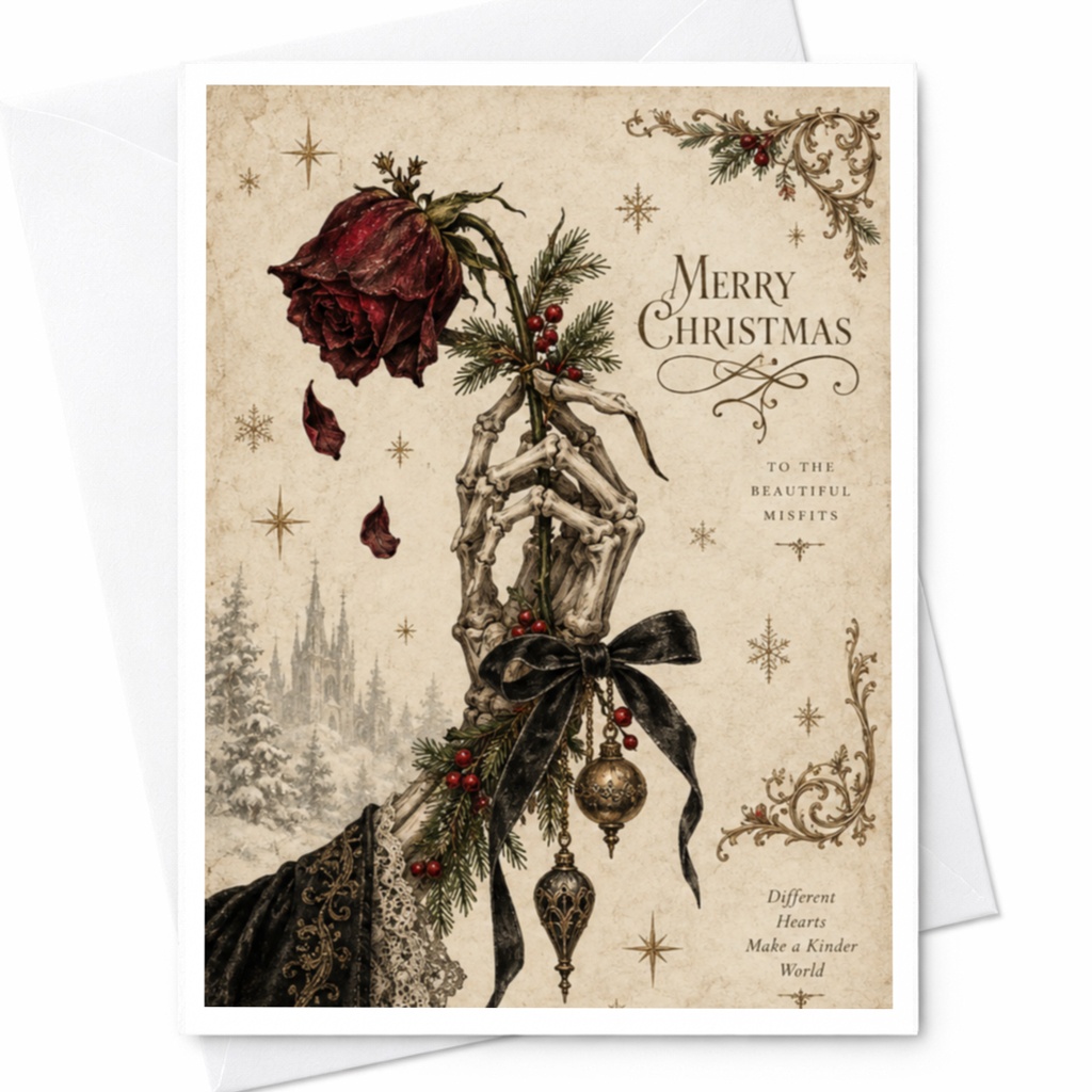 Merry Christmas To The Beautiful Misfits Gothic Christmas Card Skeleton Hand Rose Ornaments Unique Holiday Card C8031
