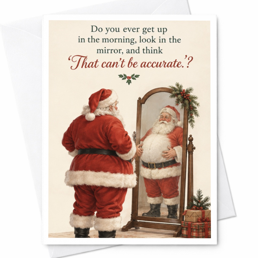 Do You Ever Get Up In The Morning Look In The Mirror And Think That Can't Be Accurate Funny Christmas Card Santa C8034