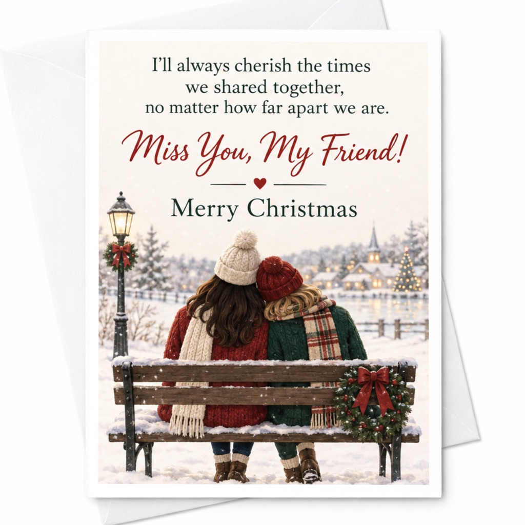 I'll Always Cherish The Times Miss You My Friend Merry Christmas Card For Friend Holiday Greeting Winter Scene C7958