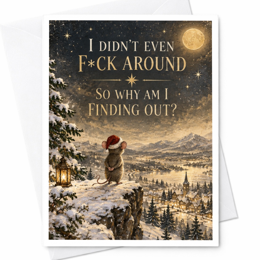 I Didn't Even F*ck Around So Why Am I Finding Out? Funny Christmas Card Cute Mouse Winter Scene Holiday Card C7977
