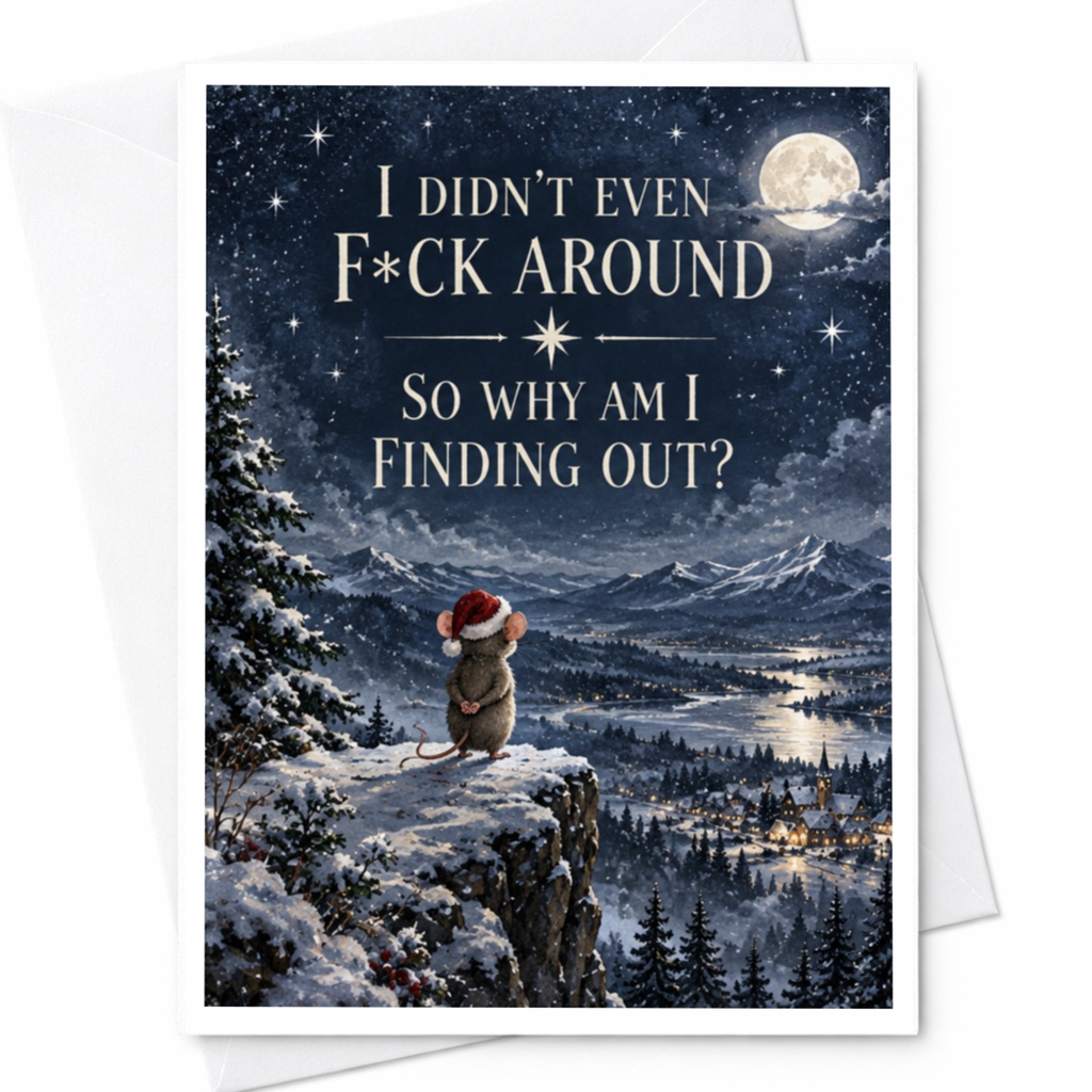 I Didn't Even F*ck Around So Why Am I Finding Out? Funny Greeting Card Winter Scene Mouse Christmas Card C7978