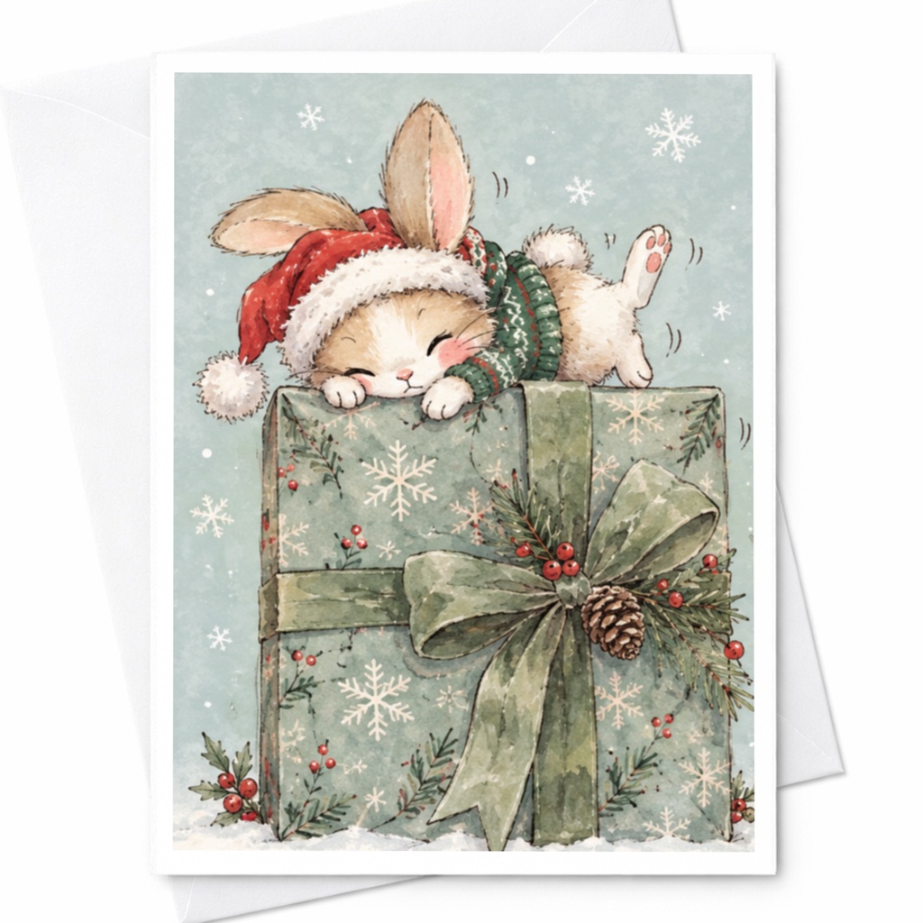 Bunny On Gift Christmas Card Cute Holiday Greeting Card For Animal Lover Winter Snowflakes Festive Card With Santa Hat C7982