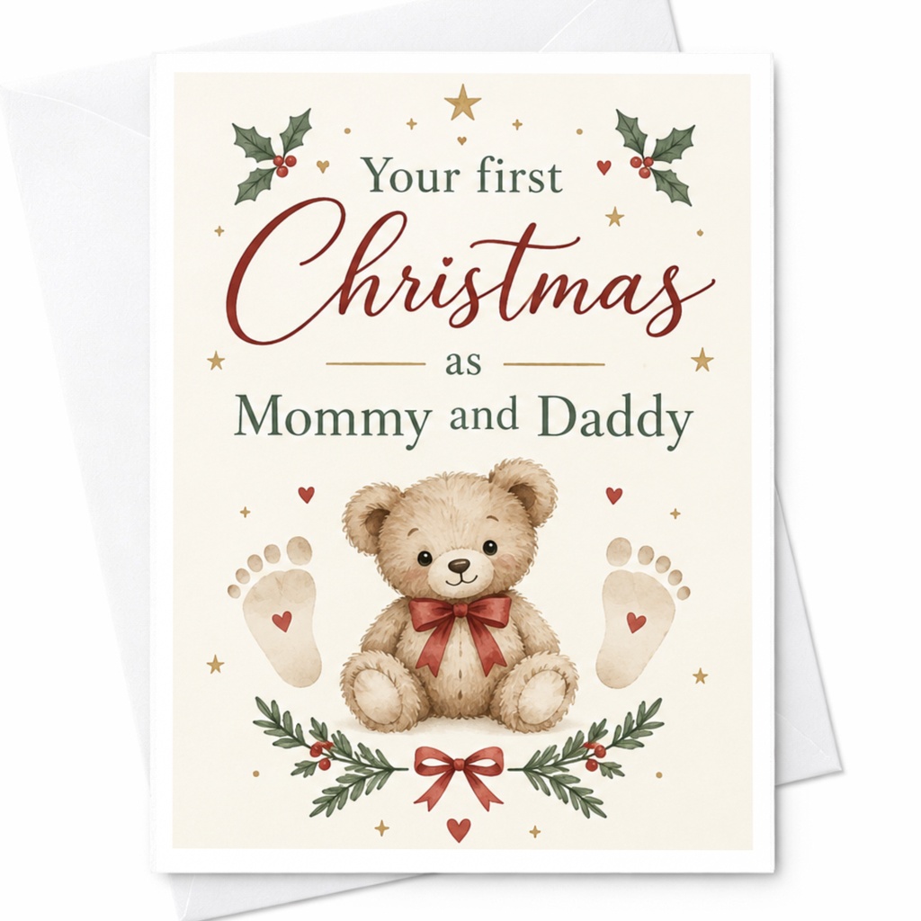 Your First Christmas As Mommy And Daddy Card Cute Teddy Bear Christmas Card New Parents Holiday Card For Mom And Dad C7987