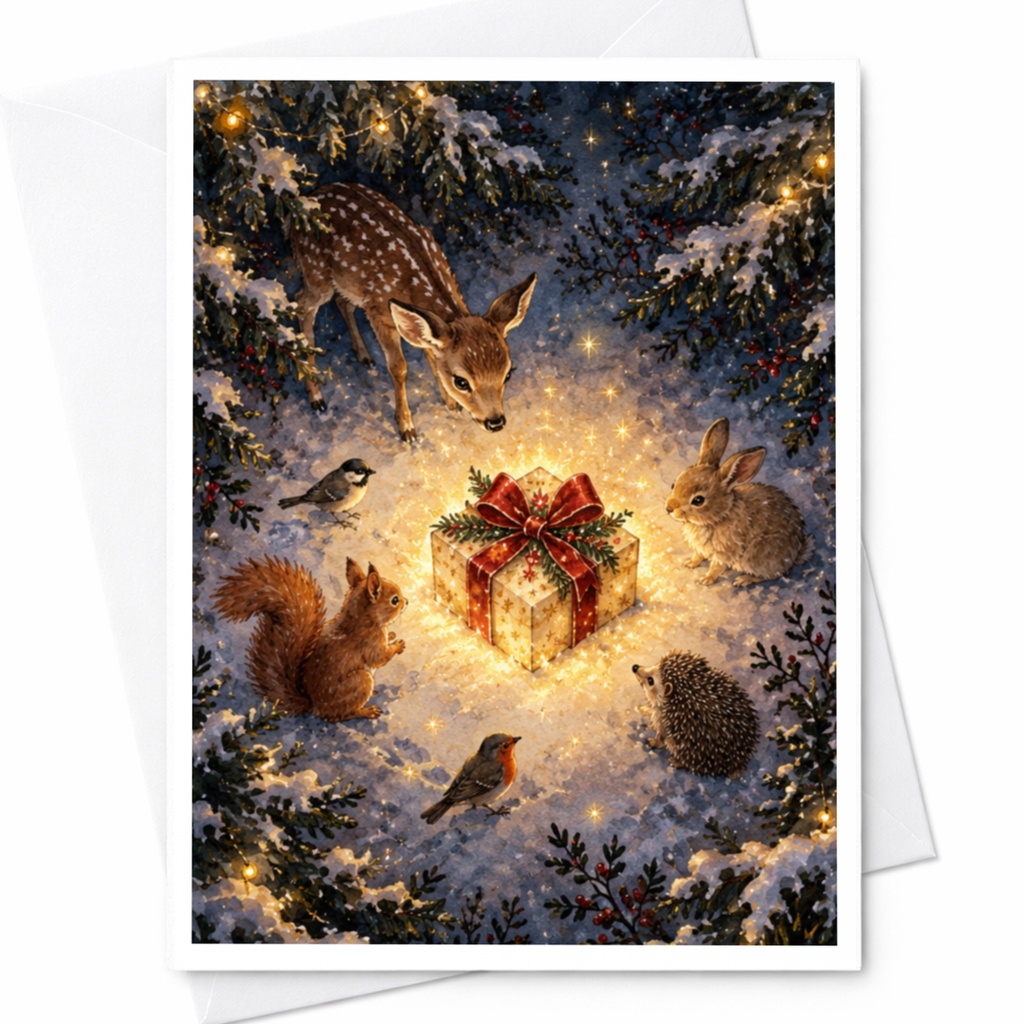 Woodland Animals Christmas Card Cute Holiday Greeting Card Winter Forest Scene With Gift For Nature Lover Festive Card C7989