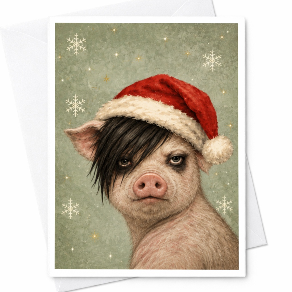 Pig In Santa Hat Christmas Card Cute Animal Holiday Greeting Card Funny Festive Card For Animal Lovers Winter Snowflakes C7991