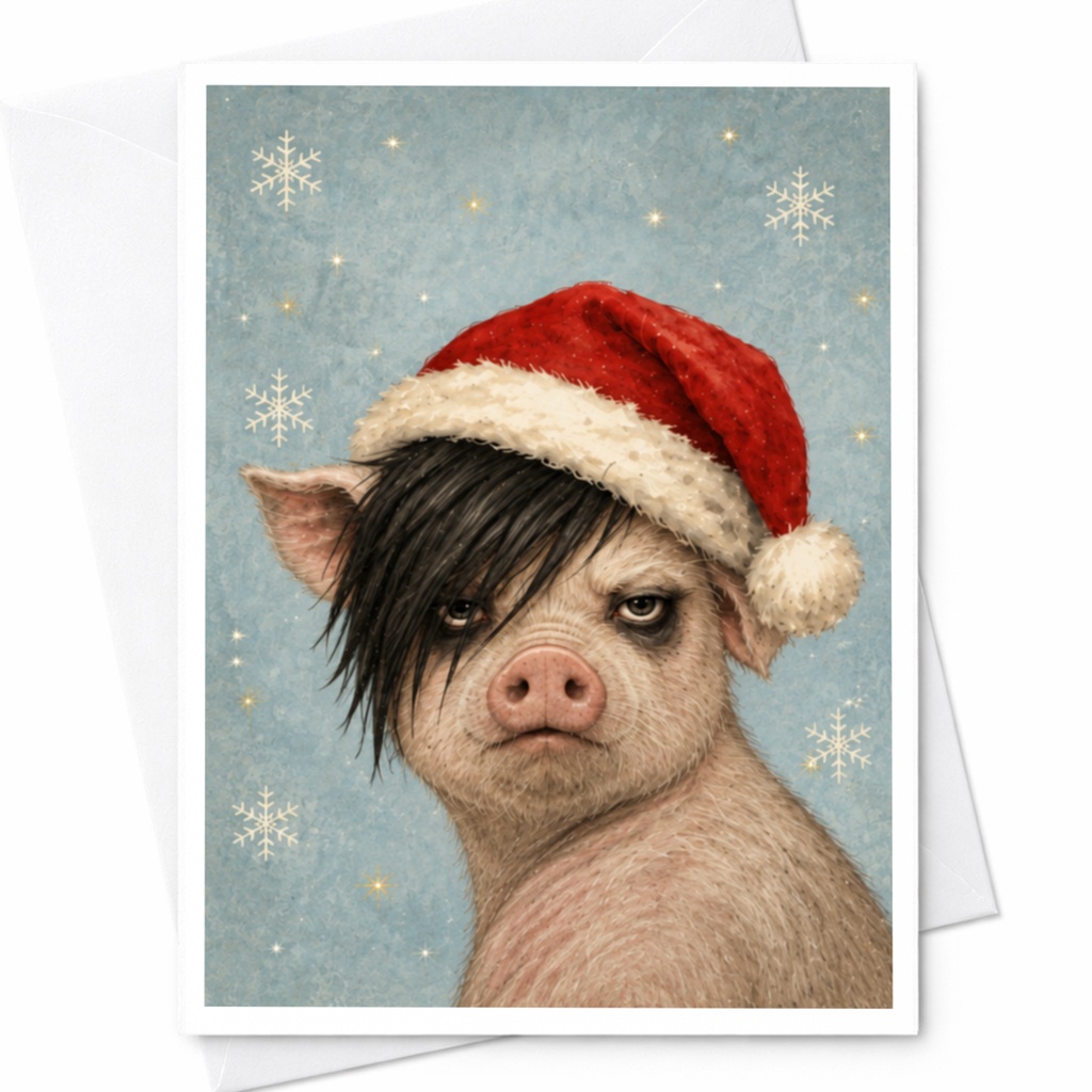 Grumpy Pig Christmas Card Funny Holiday Greeting Card Cute Animal Santa Hat Winter For Friend Family C7992