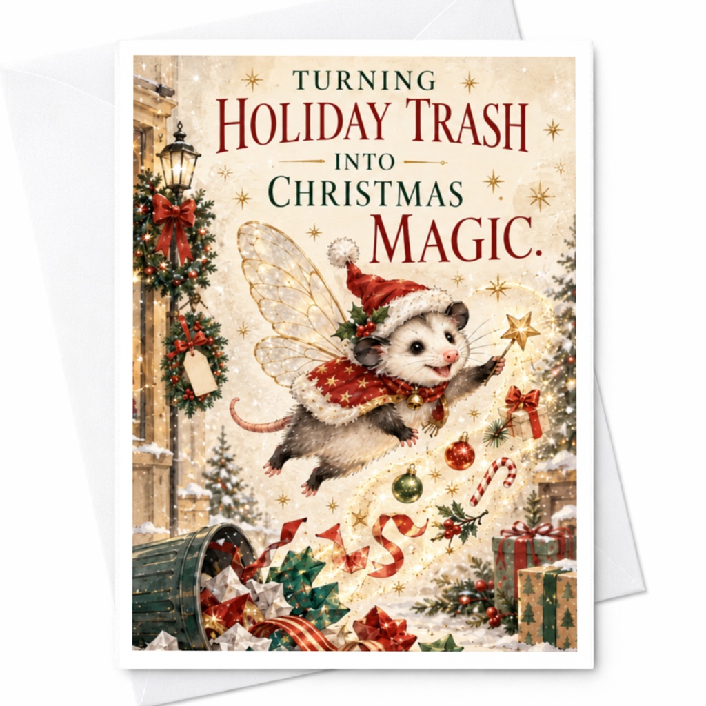 Turning Holiday Trash Into Christmas Magic Funny Christmas Card Cute Possum Holiday Greeting Card Festive Animal C7995