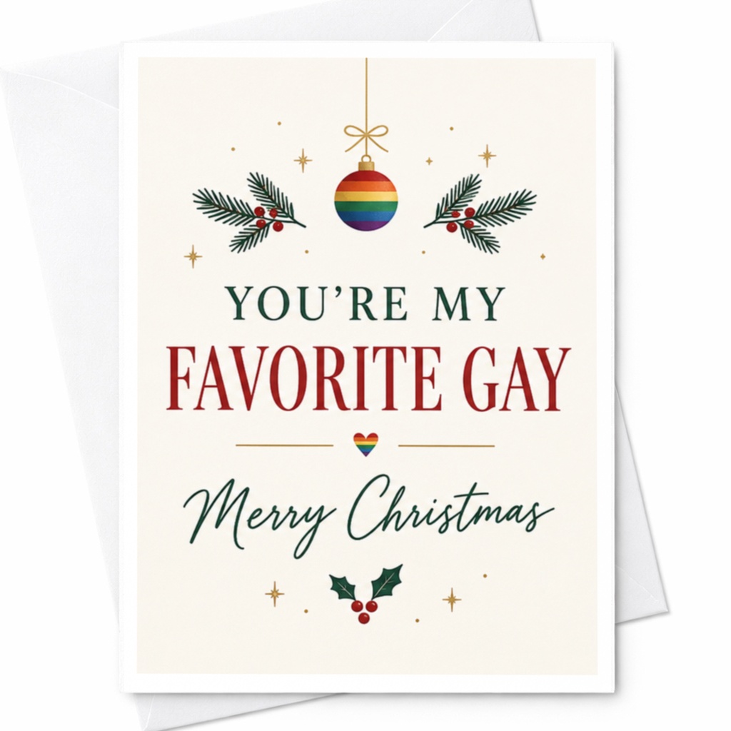 You're My Favorite Gay Merry Christmas Card Lgbtq Holiday Greeting Rainbow Ornament Holly Festive Card For Friend C8005