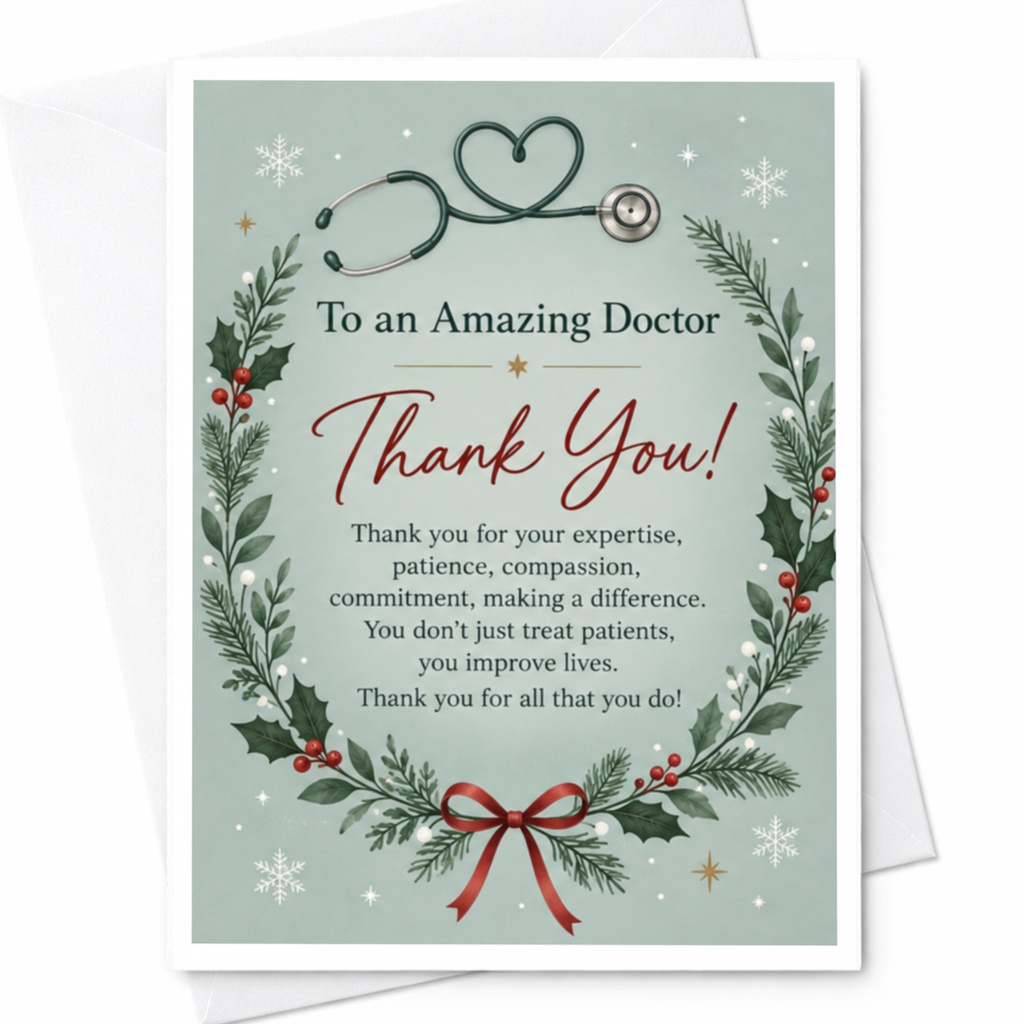 To An Amazing Doctor Thank You Card Medical Appreciation Greeting Card For Doctor Holiday Wreath Stethoscope C8010
