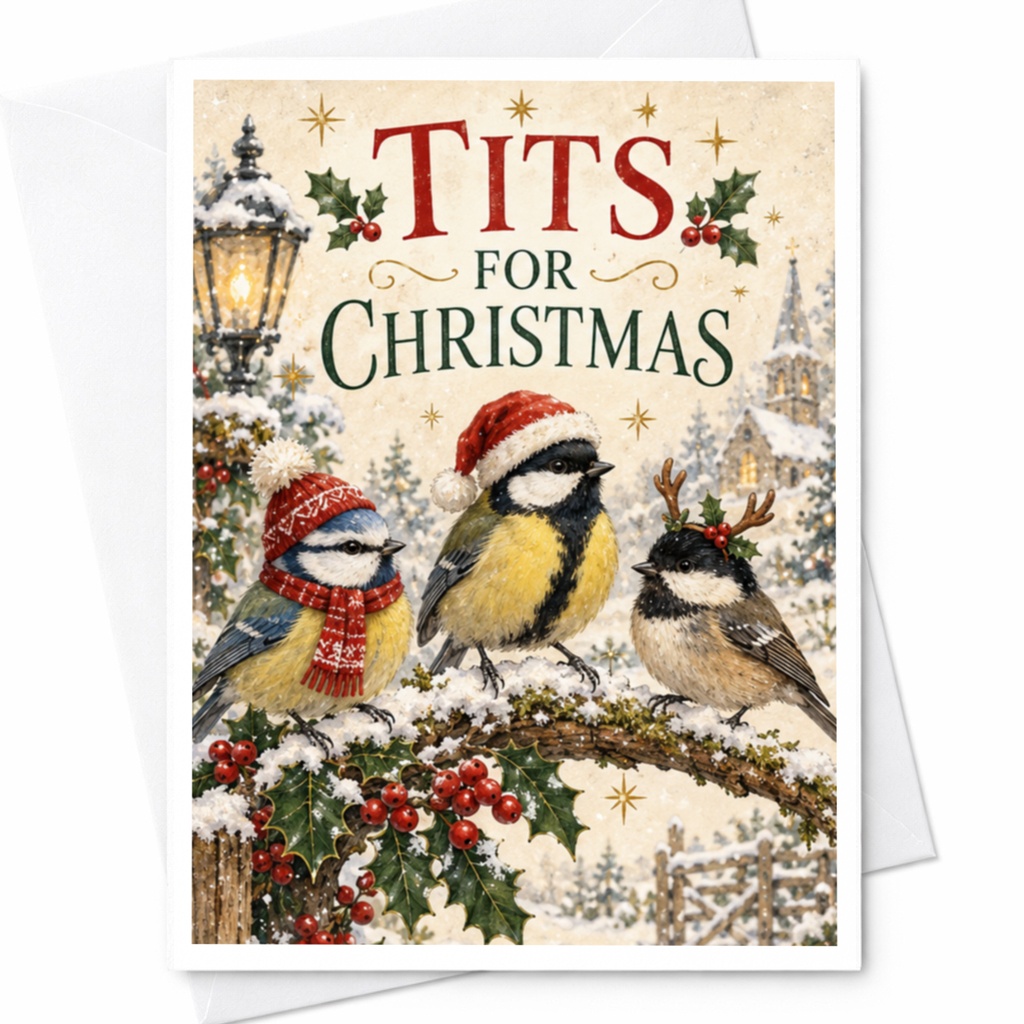 Tits For Christmas Funny Christmas Card Birds With Hats Holiday Greeting Card For Bird Lover Cute Festive Card C8022