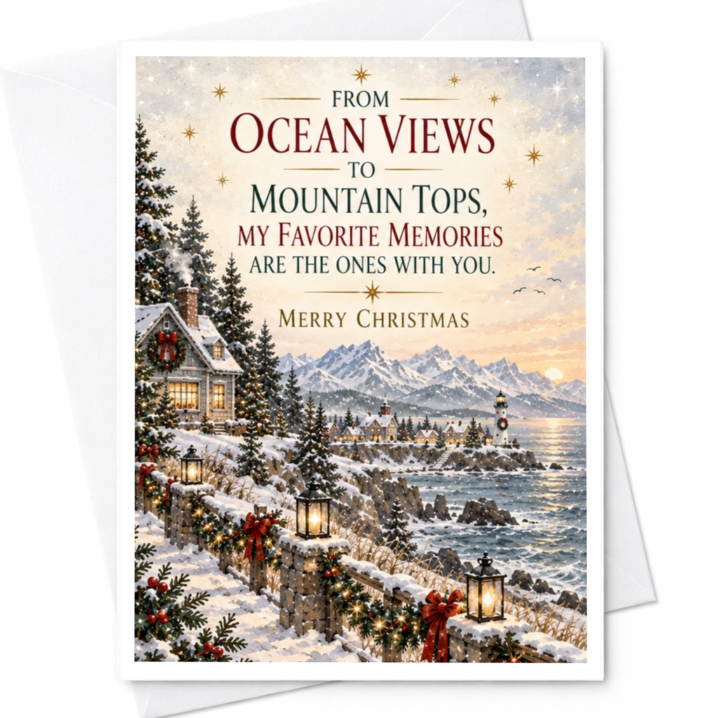 From Ocean Views To Mountain Tops Christmas Card Scenic Winter Holiday Card For Loved Ones Cozy Coastal House Lighthouse C8024