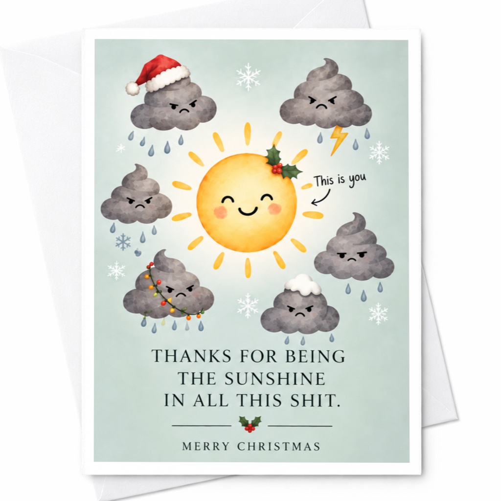 Thanks For Being The Sunshine In All This Shit. Merry Christmas Funny Christmas Card Cute Sun Clouds Illustration Holiday Greeting C8040