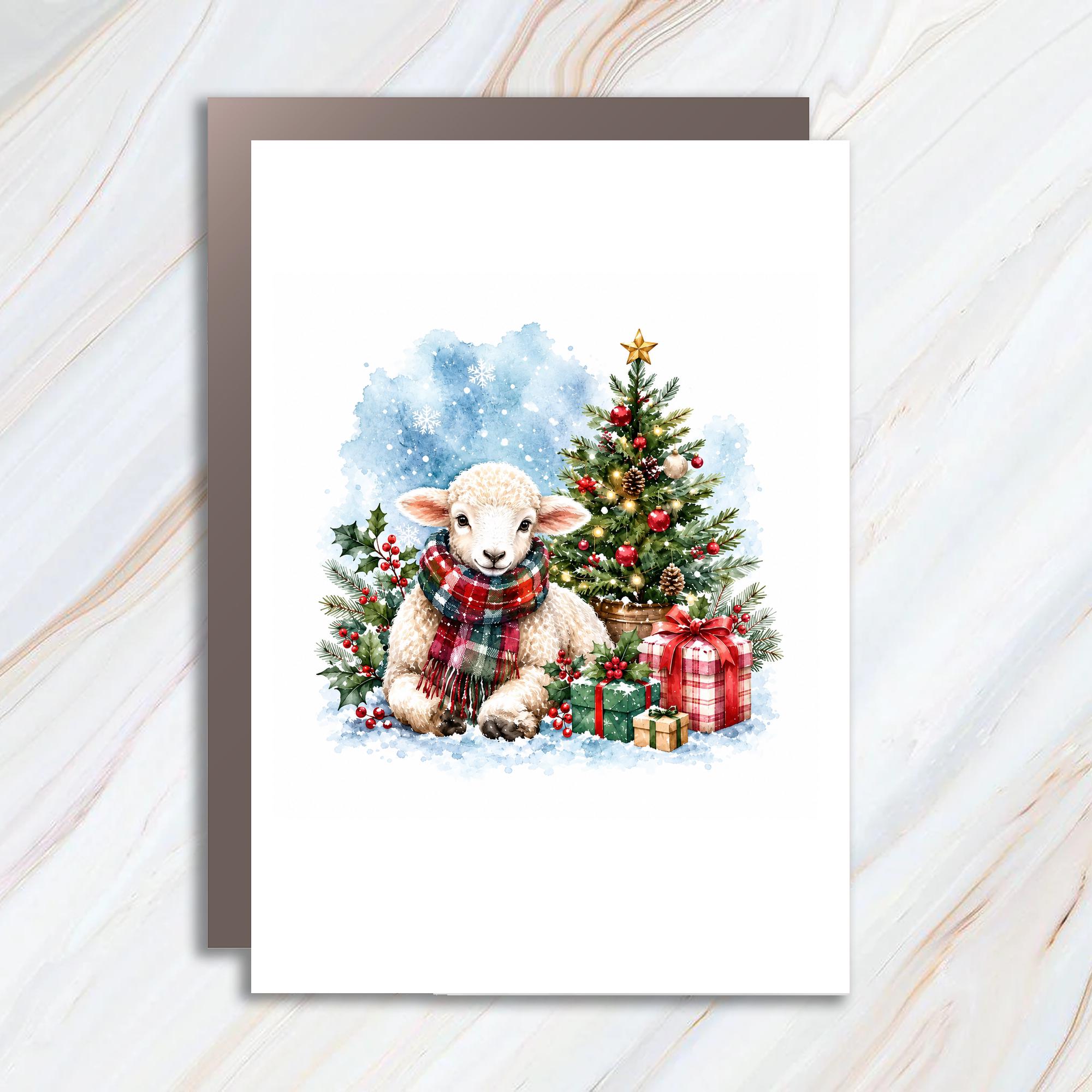 Lamb Christmas Card Cute Holiday Greeting Card Festive Animal Card For Kids Family Christmas Tree Gifts Winter Scene C1191