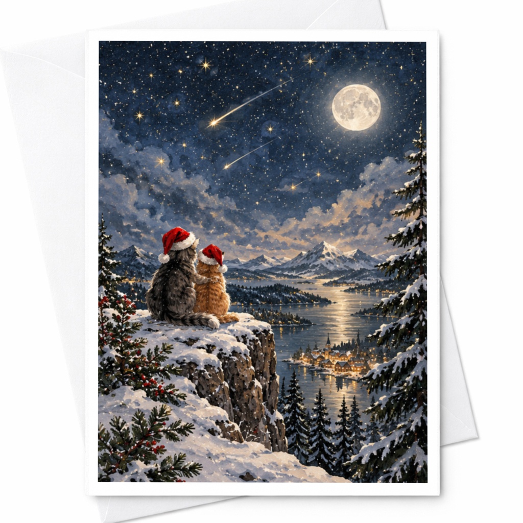 Christmas Card Cats In Santa Hats Under Starry Sky Winter Scene Holiday Greeting Card For Cat Lover Cute Festive Card C8054