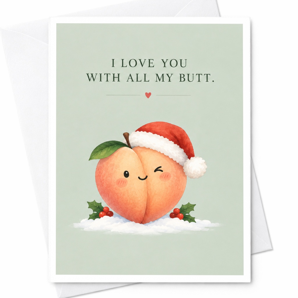I Love You With All My Butt Funny Christmas Card Peach Santa Hat Cute Holiday Greeting Card For Partner Romantic C8056