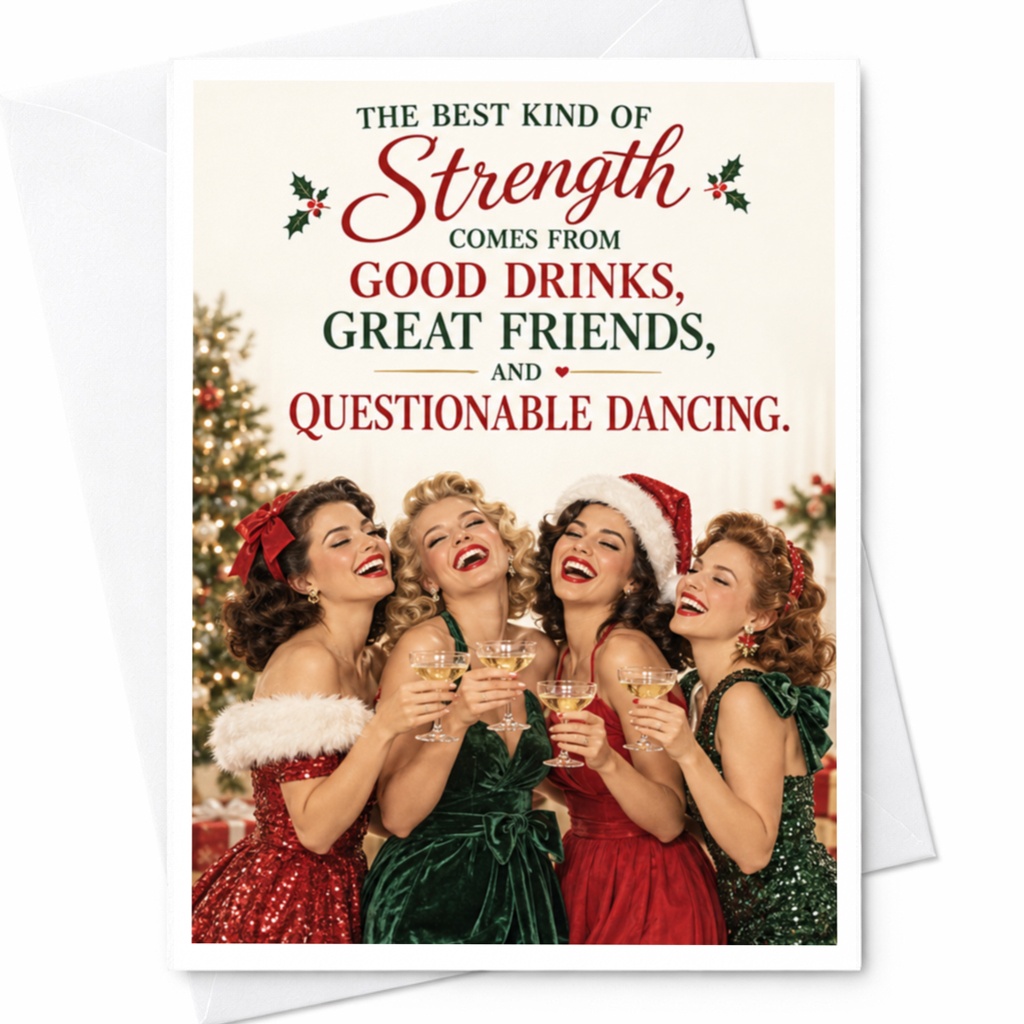 The Best Kind Of Strength Comes From Good Drinks Christmas Card Friends Holiday Celebration Funny Festive Greeting Card C8057