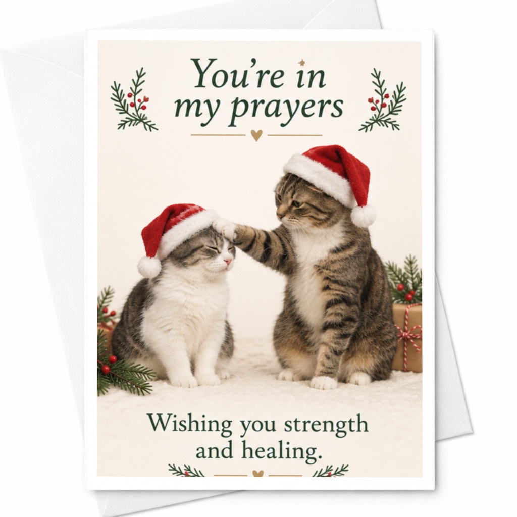 You're In My Prayers Get Well Card Wishing You Strength And Healing Cats With Santa Hats Cute Animal Christmas Card C8065