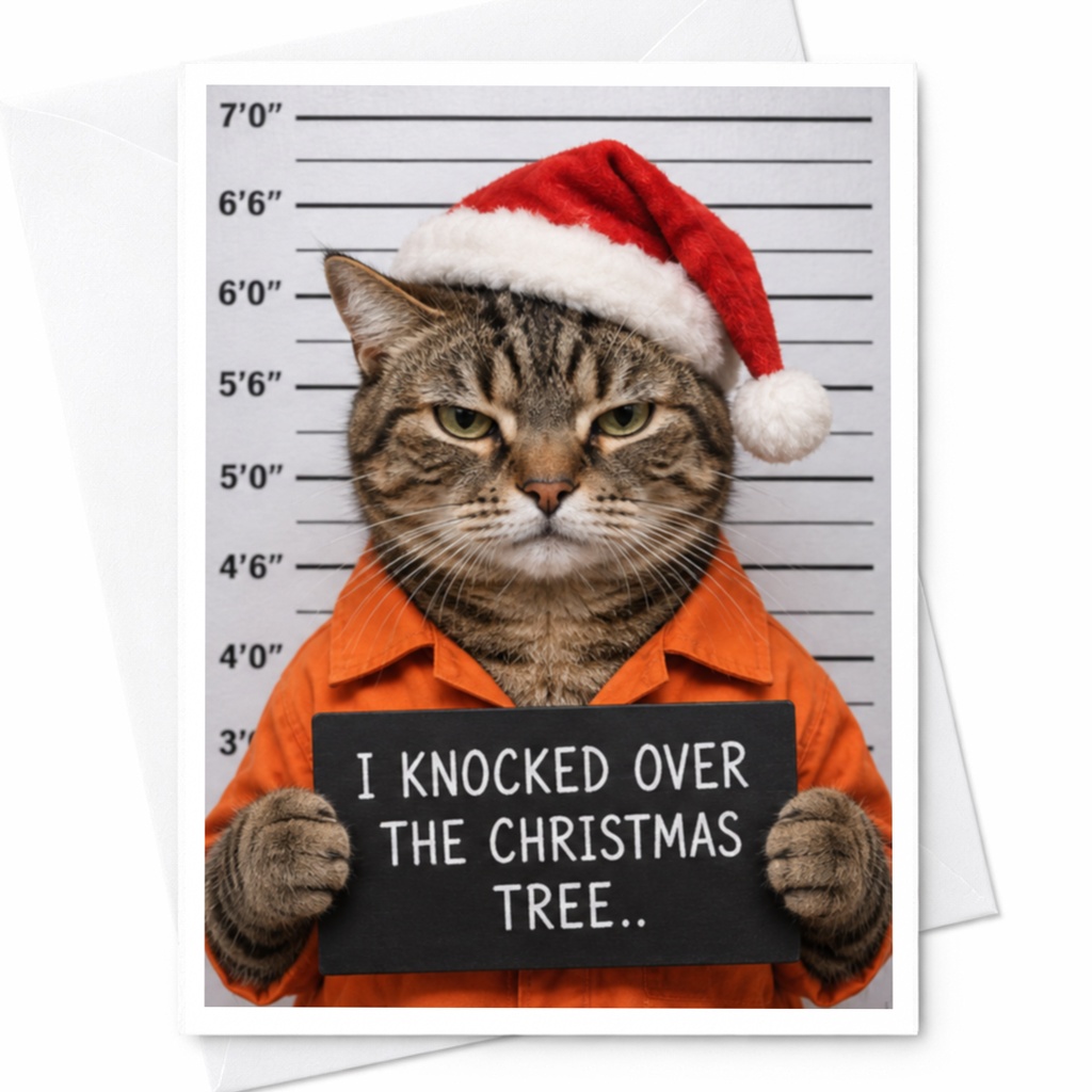 I Knocked Over The Christmas Tree.. Funny Cat Christmas Card Cute Holiday Greeting Card For Cat Lover Xmas Card C8071